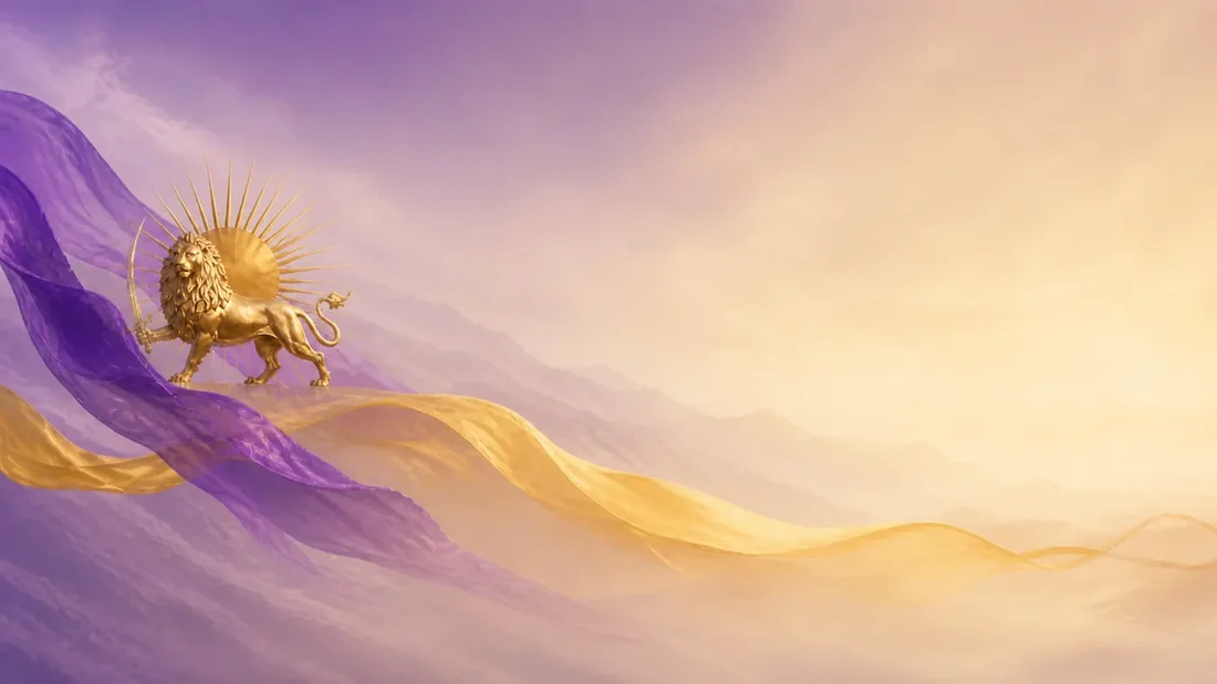 Lion and Sun over map of Iran with purple and gold drapery